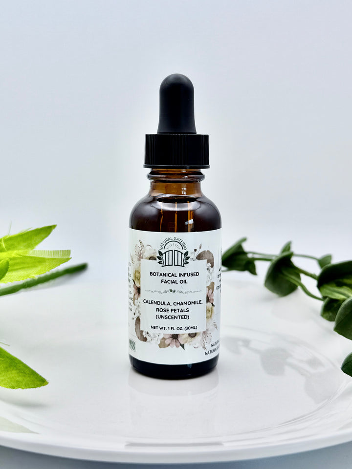 Amber glass dropper bottle with label stating botanical facial oil