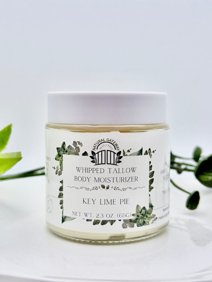 Whipped tallow body moisturizer jar labeled 'Key Lime Pie'