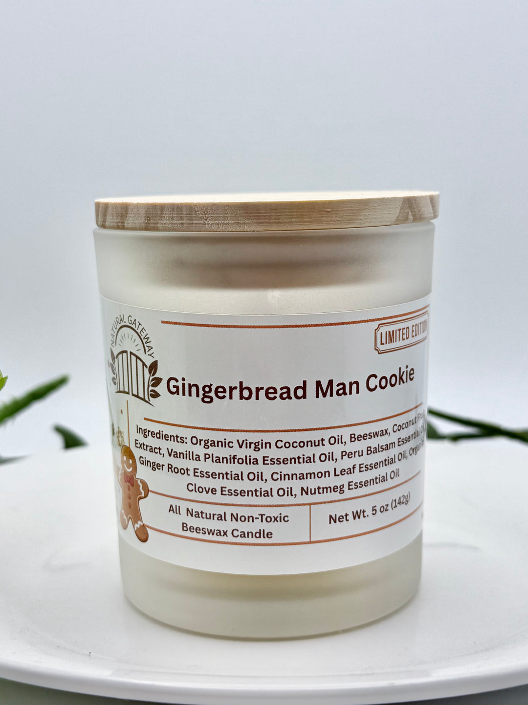 Gingerbread Man Cookie beeswax candle with label. 