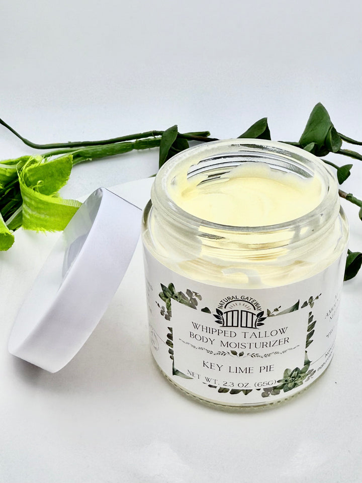 Whipped tallow body moisturizer jar labeled 'Key Lime Pie' With texture shown