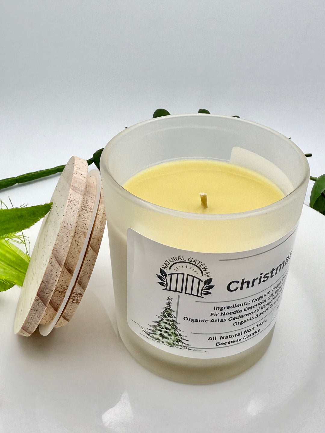 Beeswax Candle labeled 'Christmas Tree' with a wooden lid