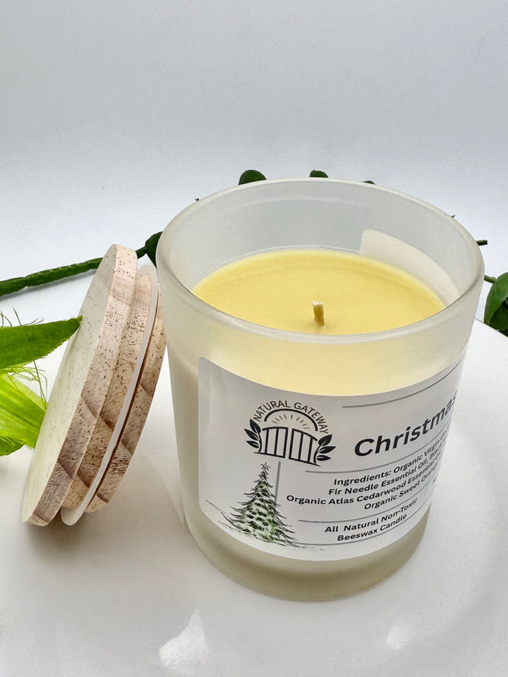 Beeswax Candle labeled 'Christmas Tree' with a wooden lid