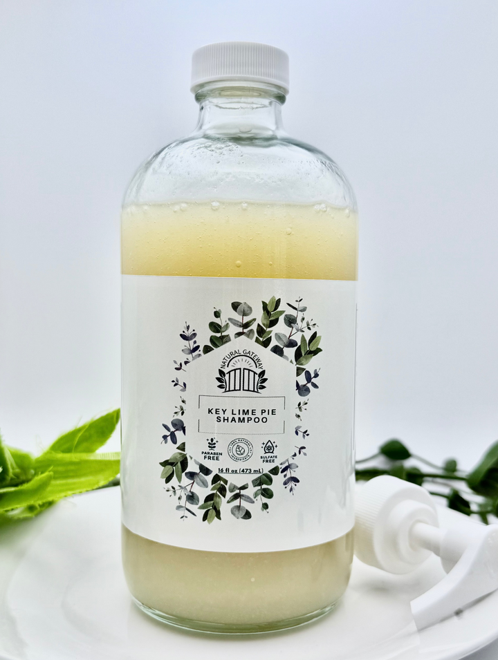 Glass Bottle of key lime pie shampoo with a white pump
