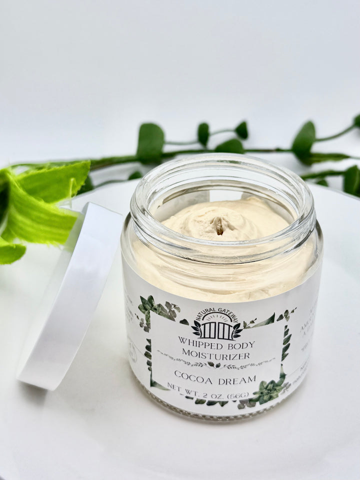Jar of whipped body moisturizer labeled 'Cocoa Dream' With texture shown