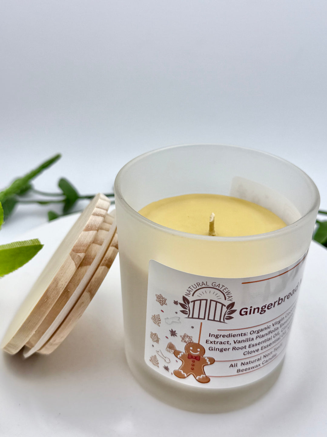 Gingerbread Man Cookie beeswax candle with label. 
