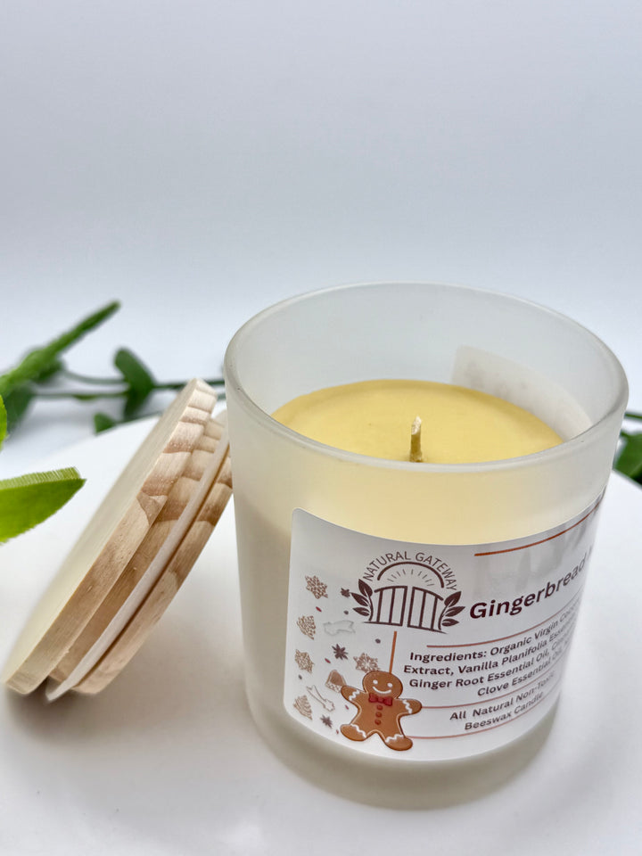 Gingerbread Man Cookie beeswax candle with label. 